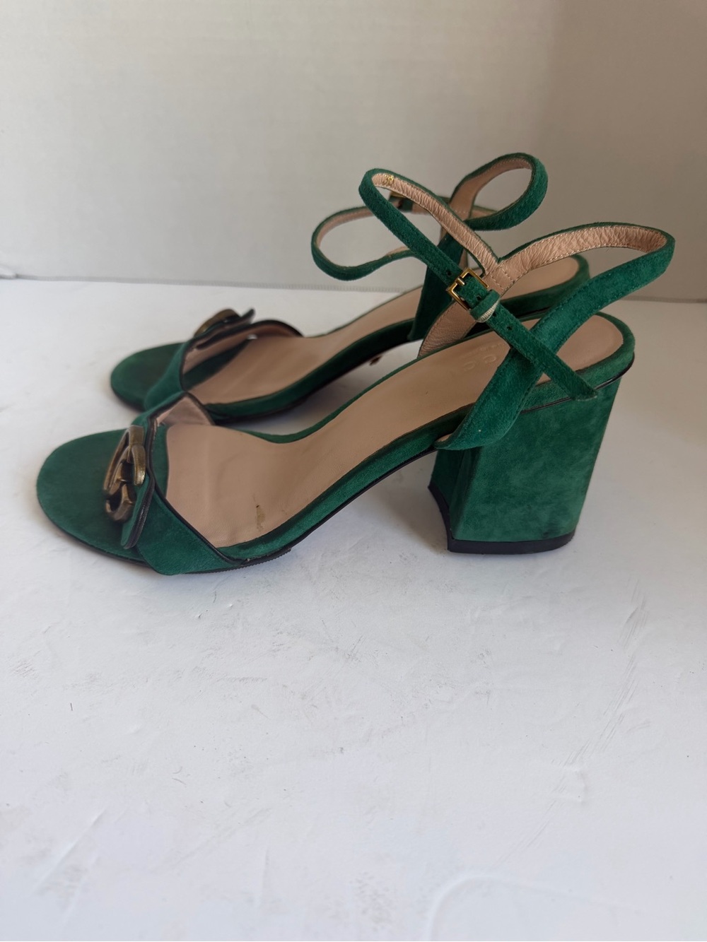 Green Suede Open-Toe Heeled Sandals with Gold Accent - Picture 2 of 8